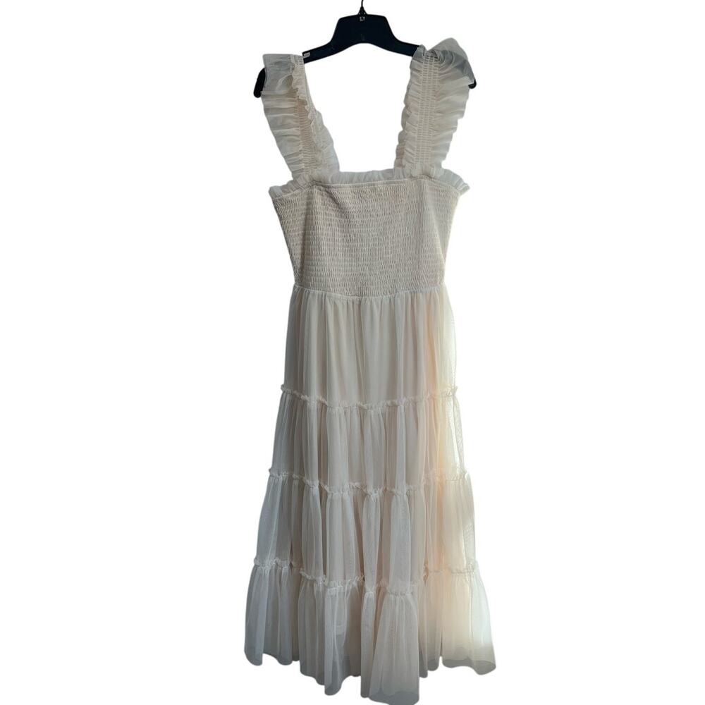 Baltic Born White‎ Smocked Midi Dress Ruffle Boho Cottagecore Romantic L